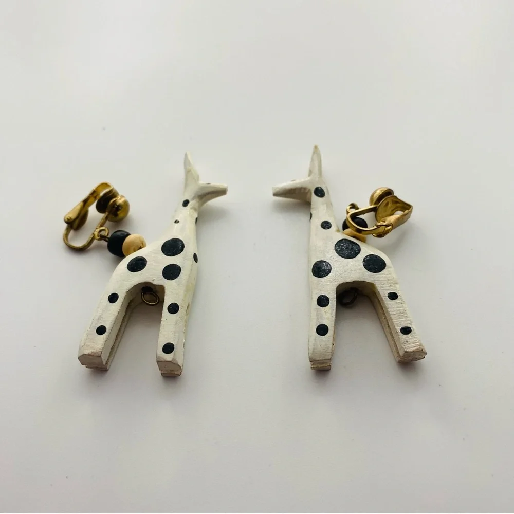 Vintage Wooden White Black Polka Dot Giraffe Earrings Clip ons